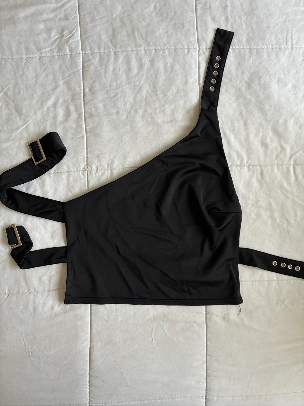 Fashion Nova Black One-Shoulder Buckle Crop Top